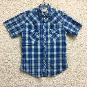 Wrangler Button Up Shirt Medium Men Blue Plaid Pearl Snap Pockets Western Cowboy